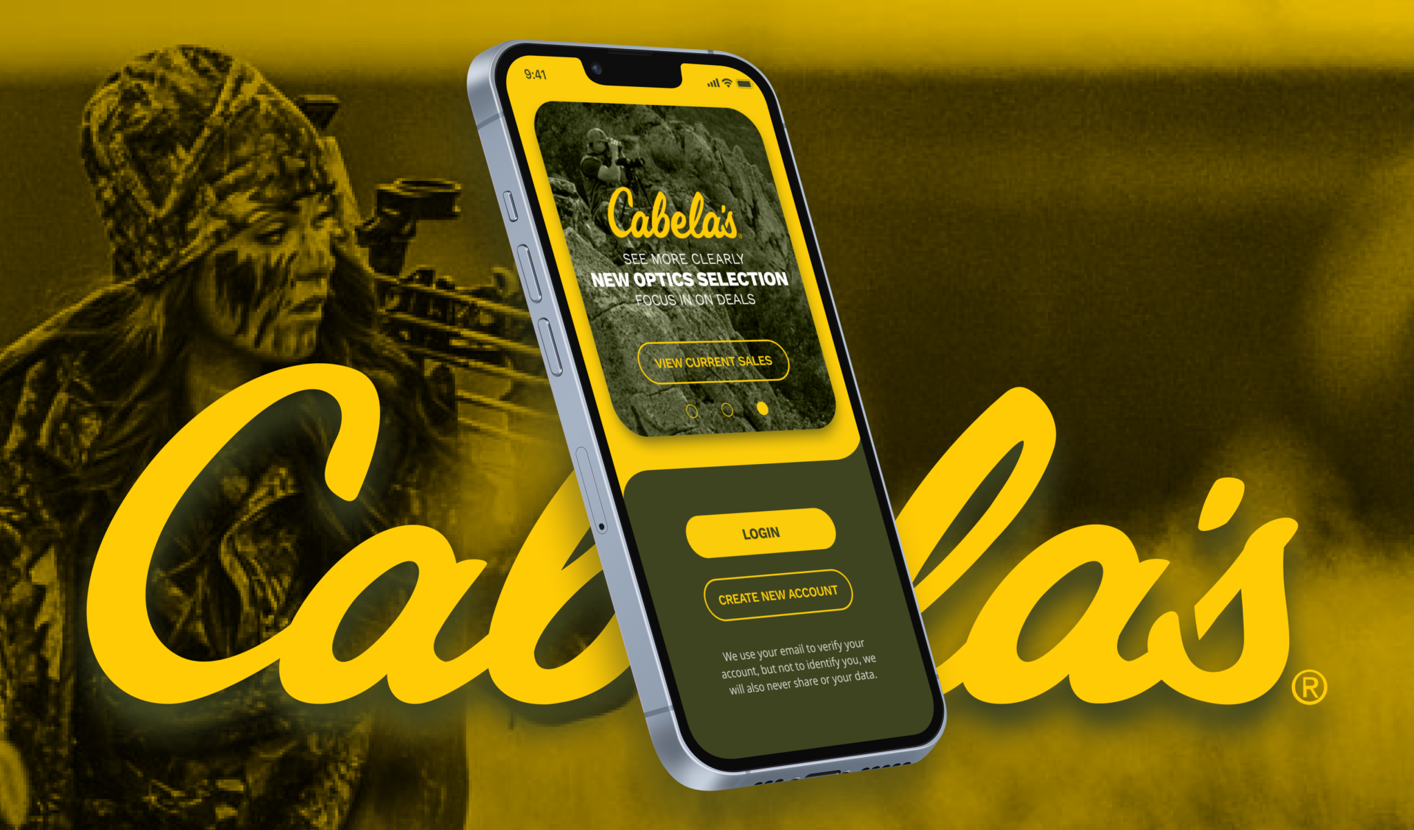 mobile phone overtop a image of a female bow hunter. The phone displays a login screen for Cabela's